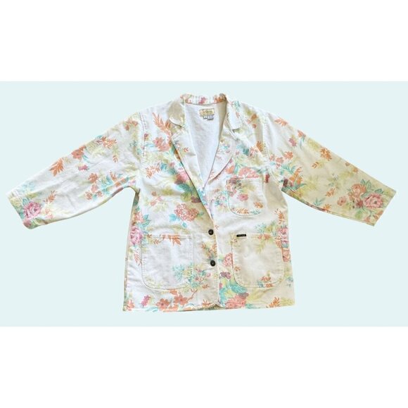 Vintage BONJOUR White Denim Floral Blazer Jacket 80s 90s Size XL EUC - Picture 2 of 8